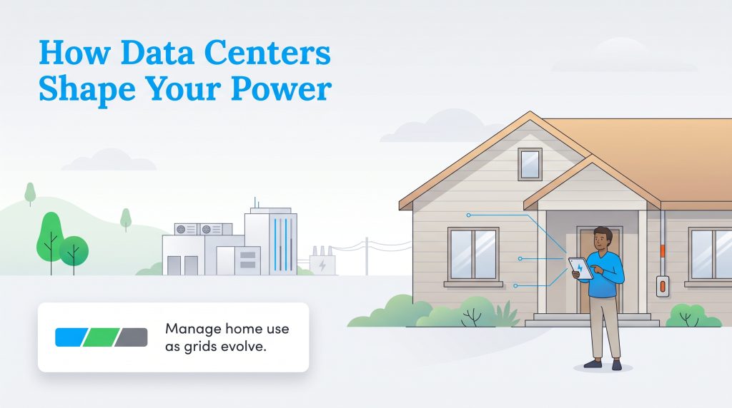 A person uses a tablet to manage their home's energy use as a data center connects to the power grid.