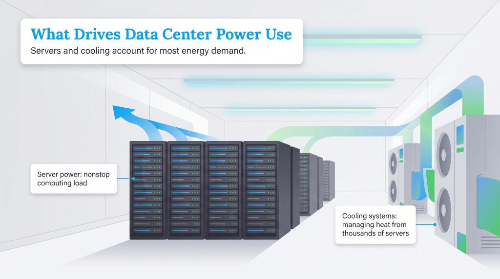 Infographic showing data center server racks and cooling systems, illustrating their high energy demand.