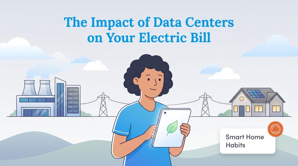 Illustration showing a person using a tablet, connecting a data center to a house via power lines.