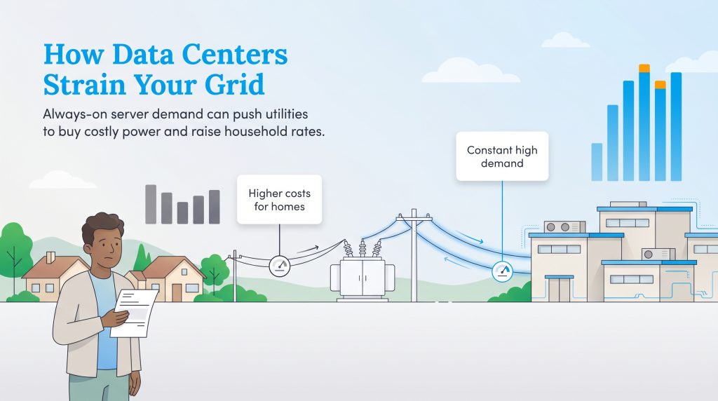 Infographic showing how data centers' constant high demand can raise household electricity rates.