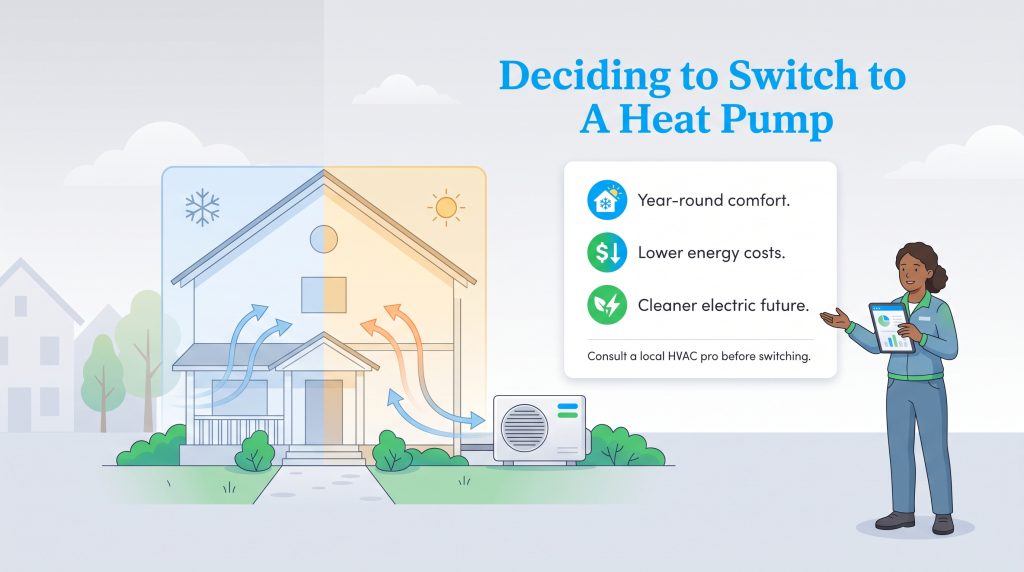 An infographic showing a house being heated and cooled by a heat pump, with a professional listing its benefits.
