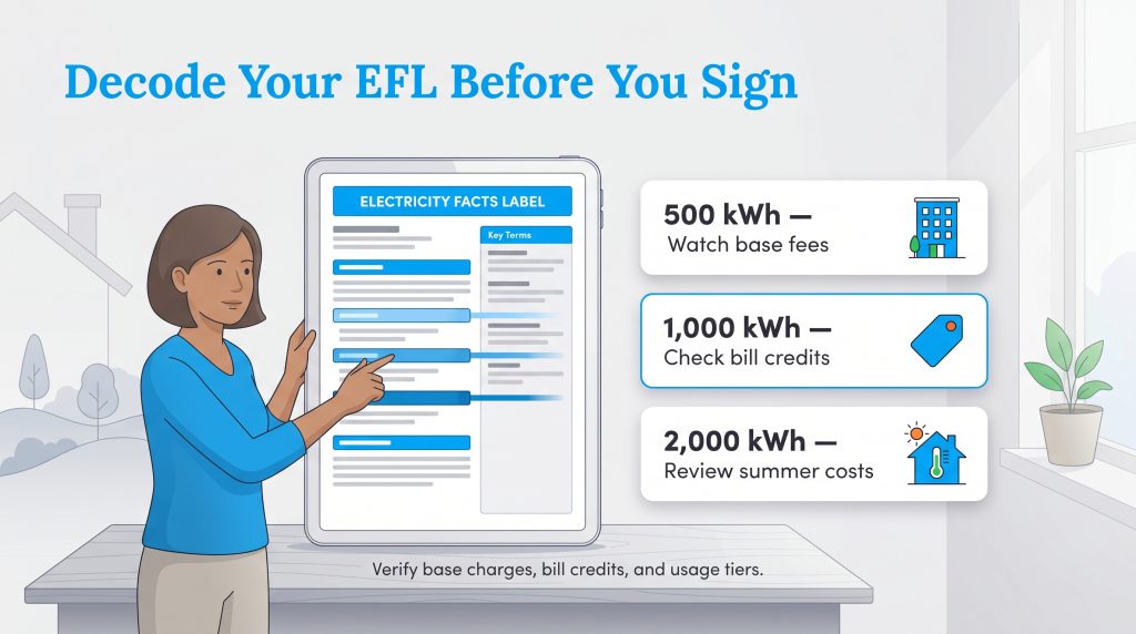 Woman points to an EFL on a tablet, with tips for checking costs at 500, 1000, and 2000 kWh tiers.