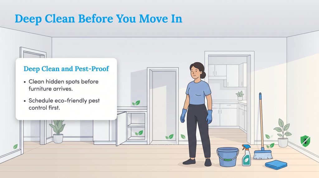 Woman with cleaning supplies in an empty house, next to a text box on deep cleaning and pest control.