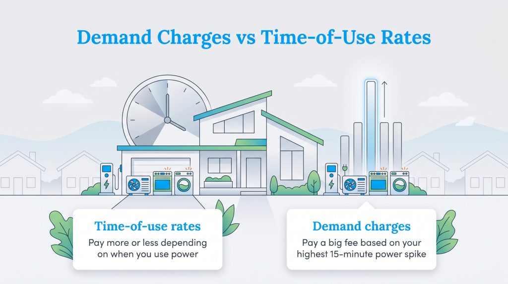 Diagram comparing time-of-use rates (based on time) vs demand charges (based on peak usage spikes).