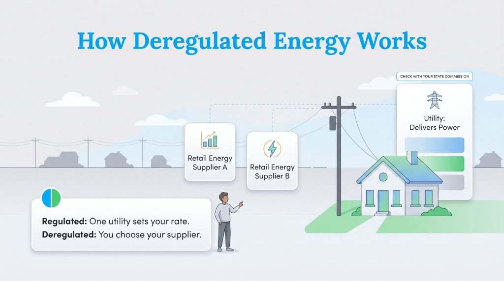 Infographic showing consumer choice of energy suppliers in a deregulated market versus a single utility in a regulated one.