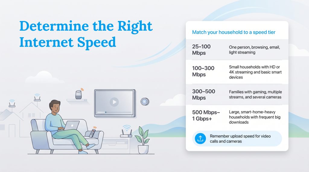 Infographic showing a man with smart devices and a table matching household usage to recommended internet speed tiers.