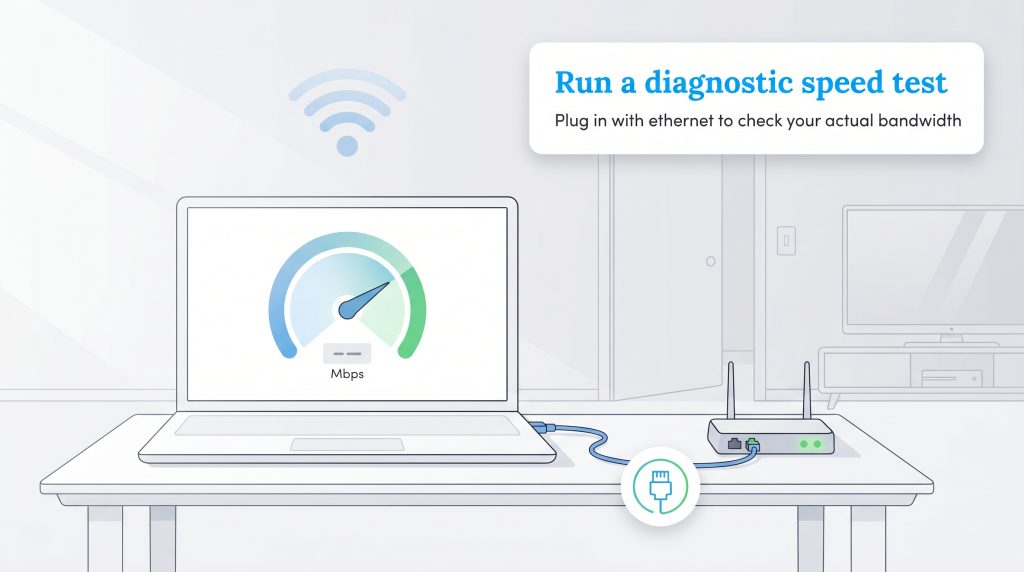 A laptop is connected to a router with an ethernet cable to run a diagnostic internet speed test.