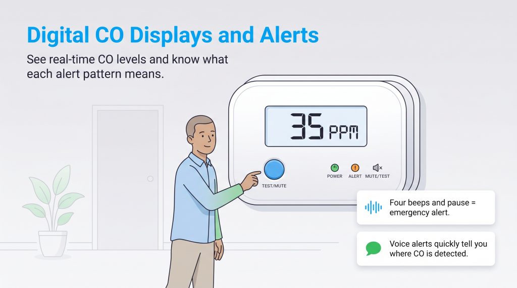 Man tests a digital CO detector showing 35 PPM; text explains four-beep and voice emergency alerts.