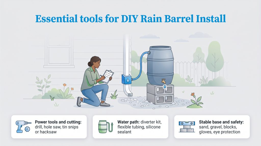 Diagram showing a rain barrel install and categorizing necessary tools, materials, and safety gear.