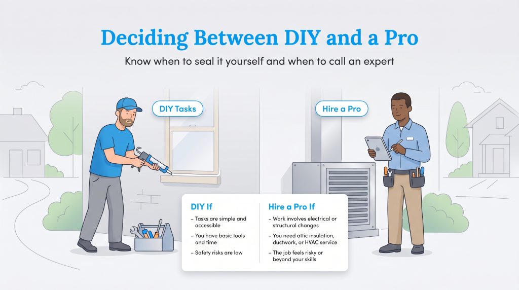 Infographic guide comparing simple DIY weatherization tasks versus hiring professionals for complex jobs.