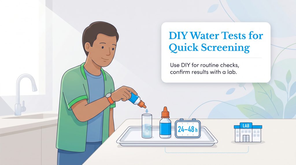 A man uses a DIY water test kit, adding drops to a sample, with a timer and lab icon nearby.
