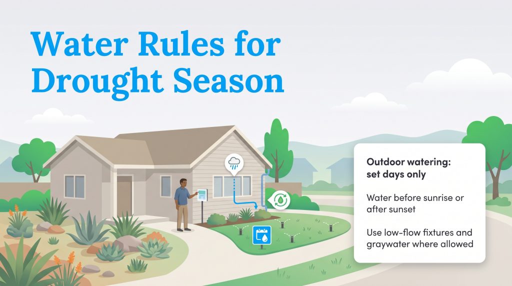 Illustration of a home with water-saving landscaping and irrigation, listing drought-season rules.