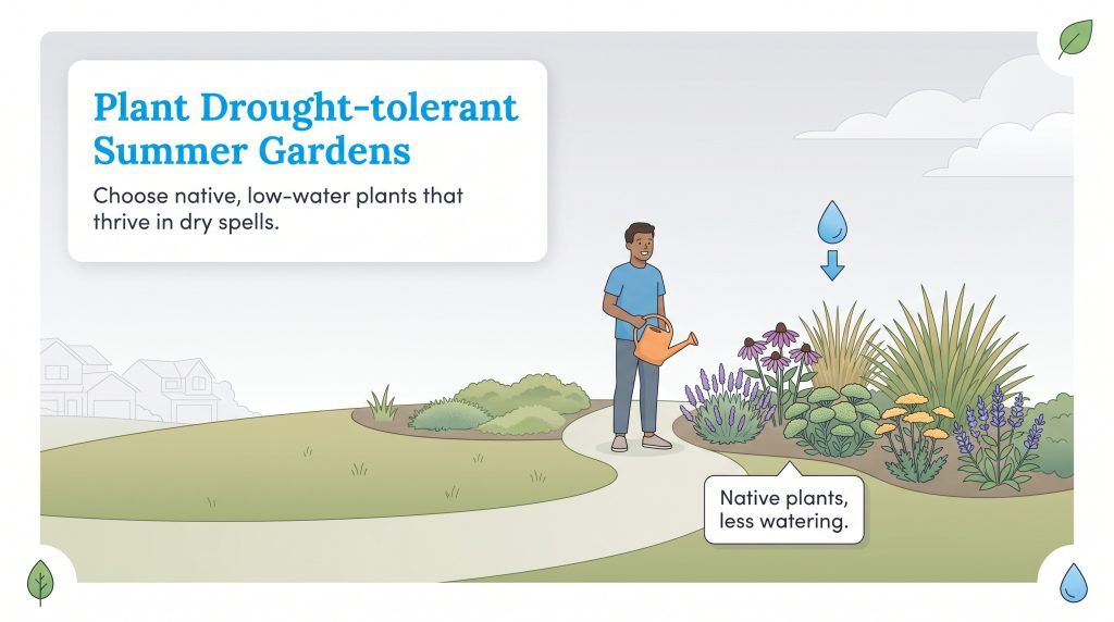 Man waters a garden of native, drought-tolerant plants like coneflowers and lavender, requiring less water.