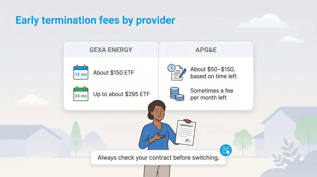 Infographic shows early termination fees for Gexa Energy (fixed) vs. APG&E (variable), urging contract checks.