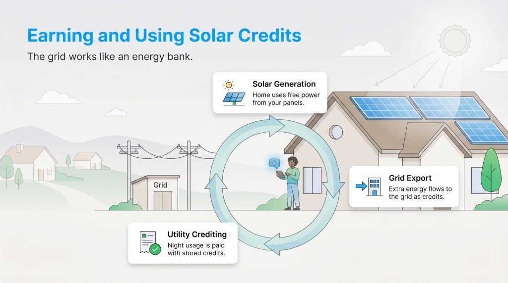 Diagram showing the cycle of solar generation, grid export, and utility crediting for home energy.