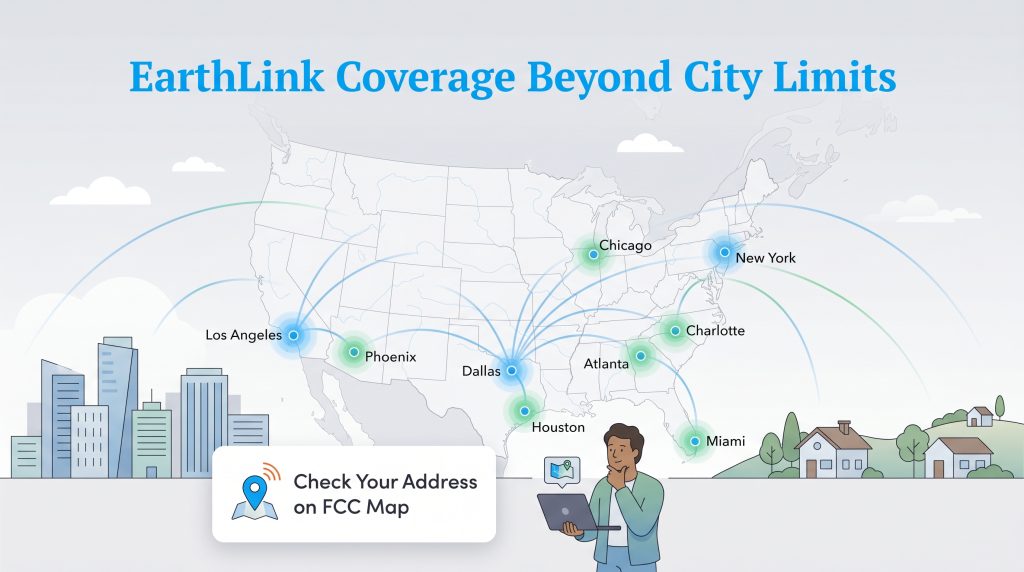 Map of the US illustrating EarthLink internet coverage extending from major cities to rural areas.