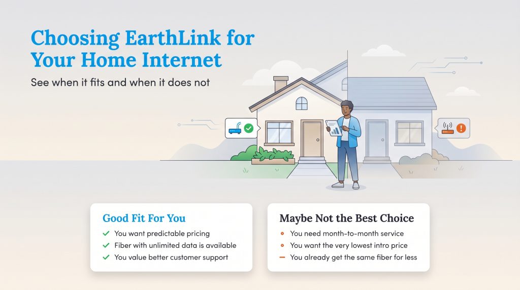 Infographic comparing reasons why EarthLink home internet is a good fit versus not the best choice.