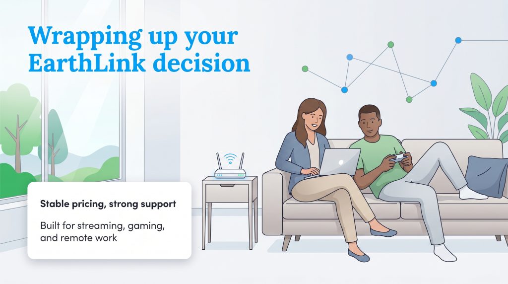 A couple uses a laptop and plays video games on a couch next to an EarthLink Wi-Fi router.