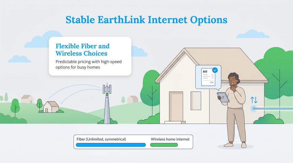 Illustration showing a person reviewing an EarthLink bill on a tablet, with icons for fiber and wireless internet connections.