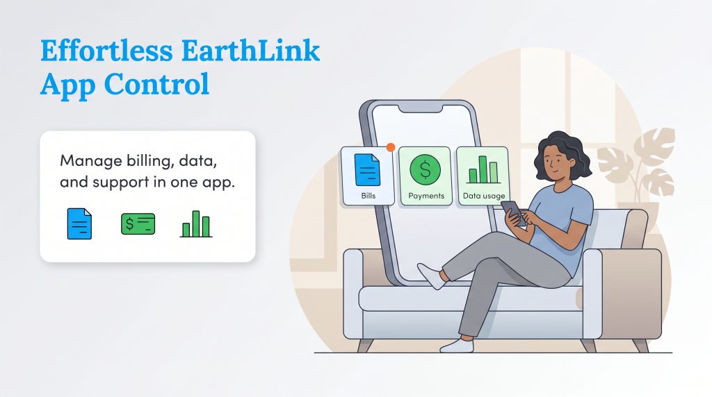 A woman on a couch uses a smartphone app to manage EarthLink bills, payments, and data usage.