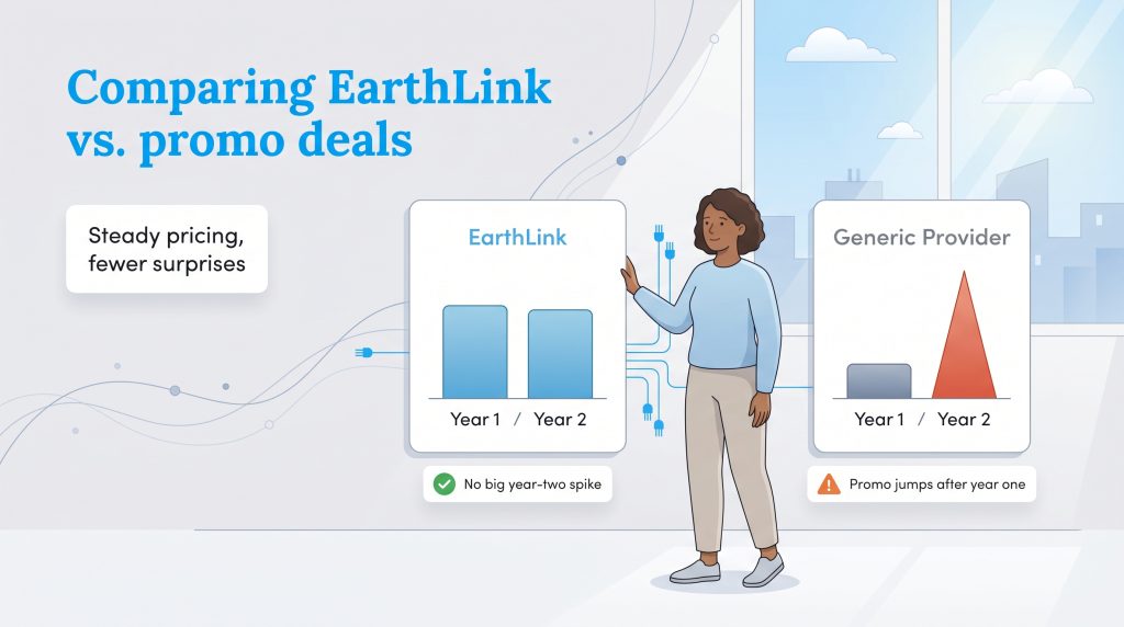 A woman points to a chart comparing EarthLink's steady pricing for two years with a generic provider's low promo price that spikes in year two.