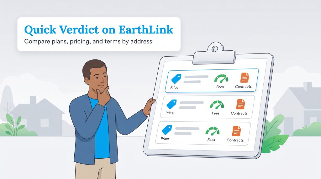 A man looks at a clipboard comparing price, fees, and contracts for different EarthLink internet plans.