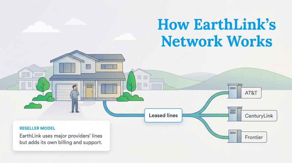 Diagram illustrating EarthLink's reseller model using leased lines from major telecom providers.