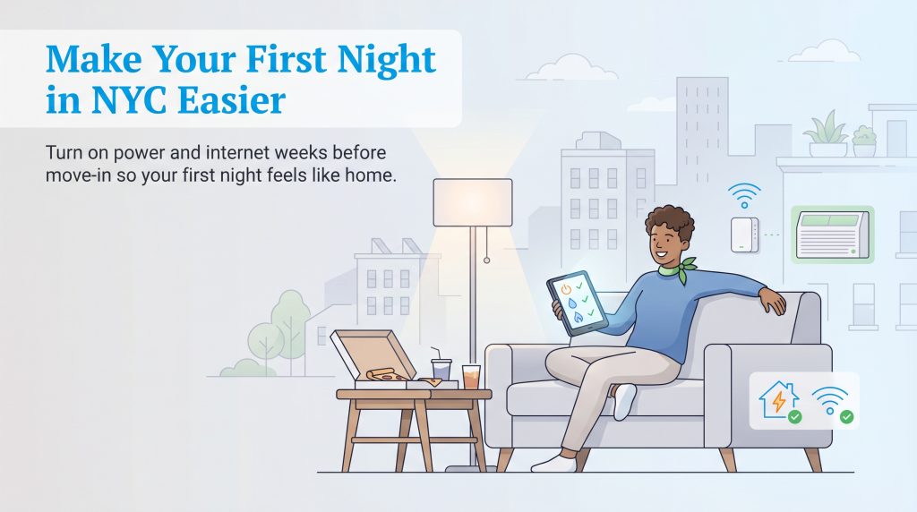An illustration of a person relaxed on a sofa with pizza in a new apartment with working utilities.