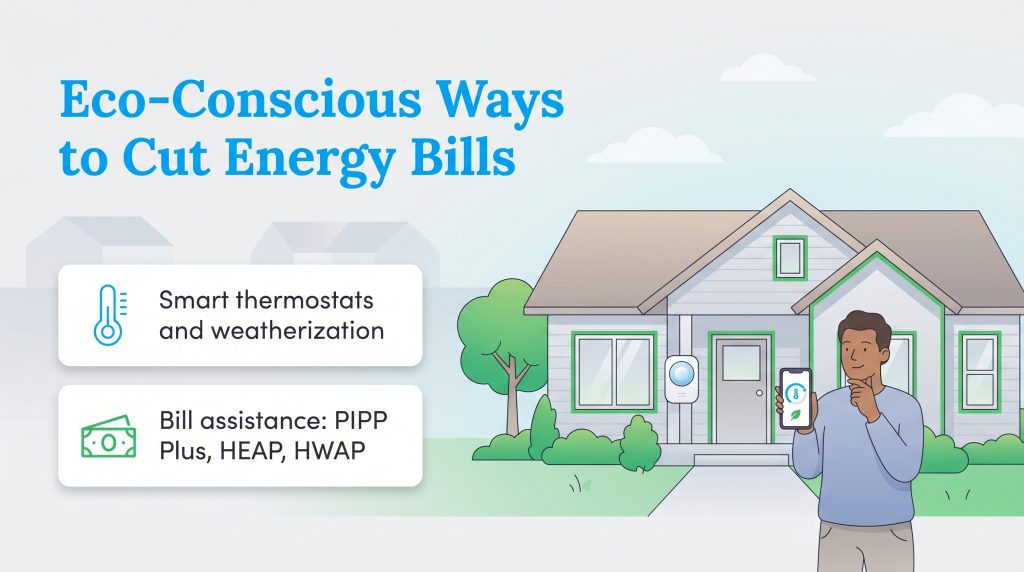 Infographic: Eco-Conscious Ways to Cut Energy Bills with smart tech, weatherization, and assistance programs.