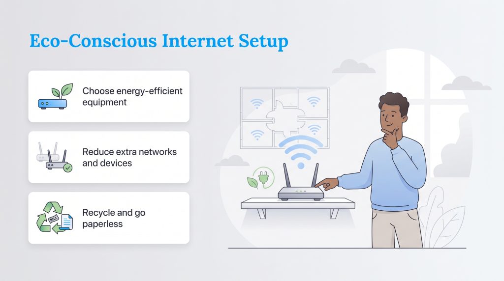 Infographic showing a man and three tips for an eco-conscious internet setup.