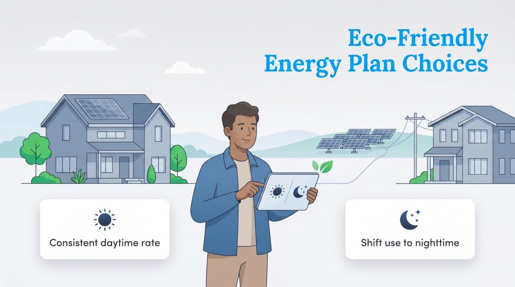 Man compares daytime and nighttime energy plans on a tablet, with solar panels and a solar farm.