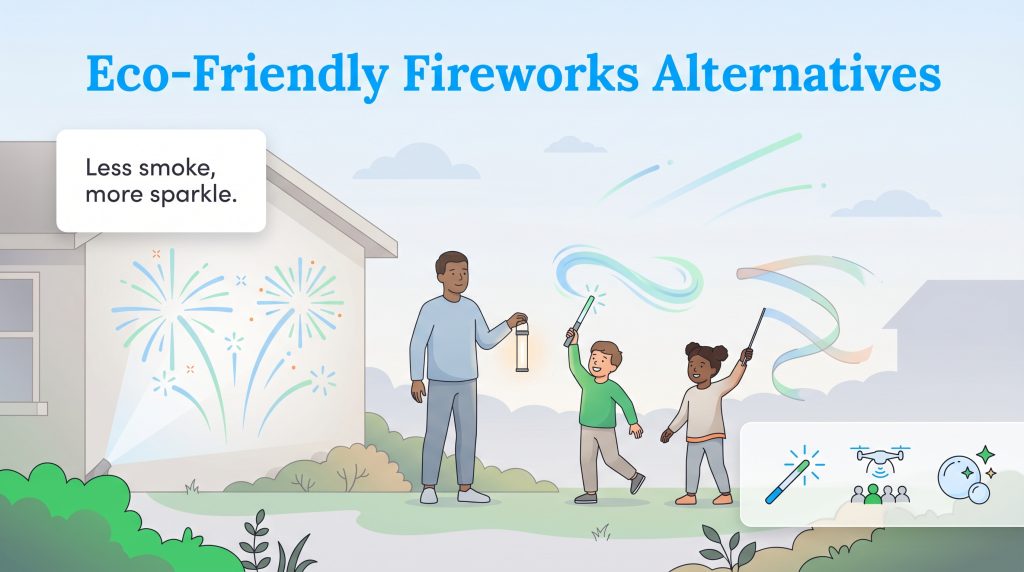 Illustration of a family enjoying eco-friendly fireworks alternatives like a projector and light wands.