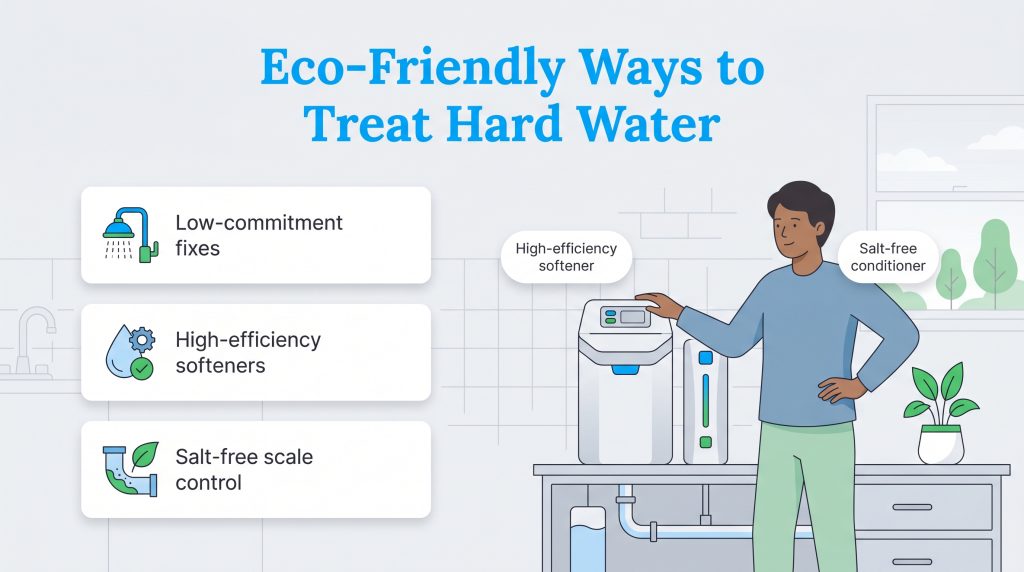 Infographic titled Eco-Friendly Ways to Treat Hard Water showing low-commitment fixes, high-efficiency softeners, and salt-free scale control options.