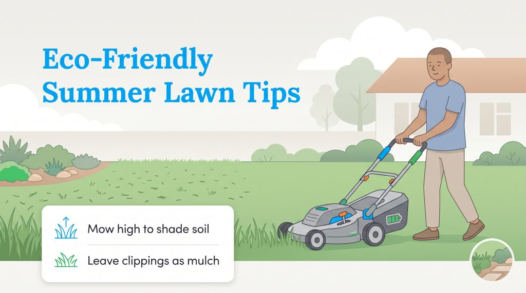 Man mowing lawn with text tips to mow high and leave clippings for eco-friendly care.