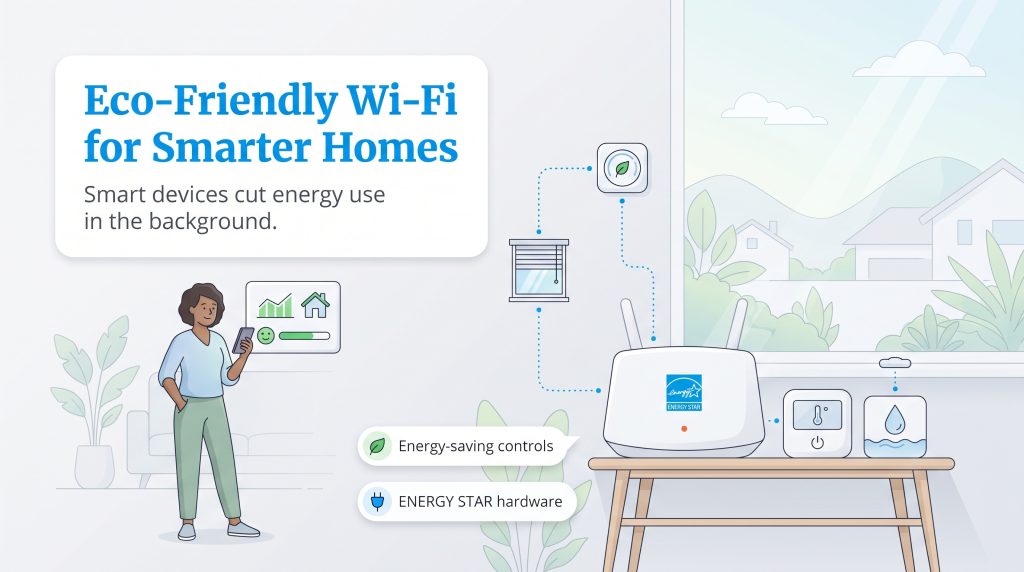 Woman with smartphone manages eco-friendly smart home devices connected to an ENERGY STAR Wi-Fi router.