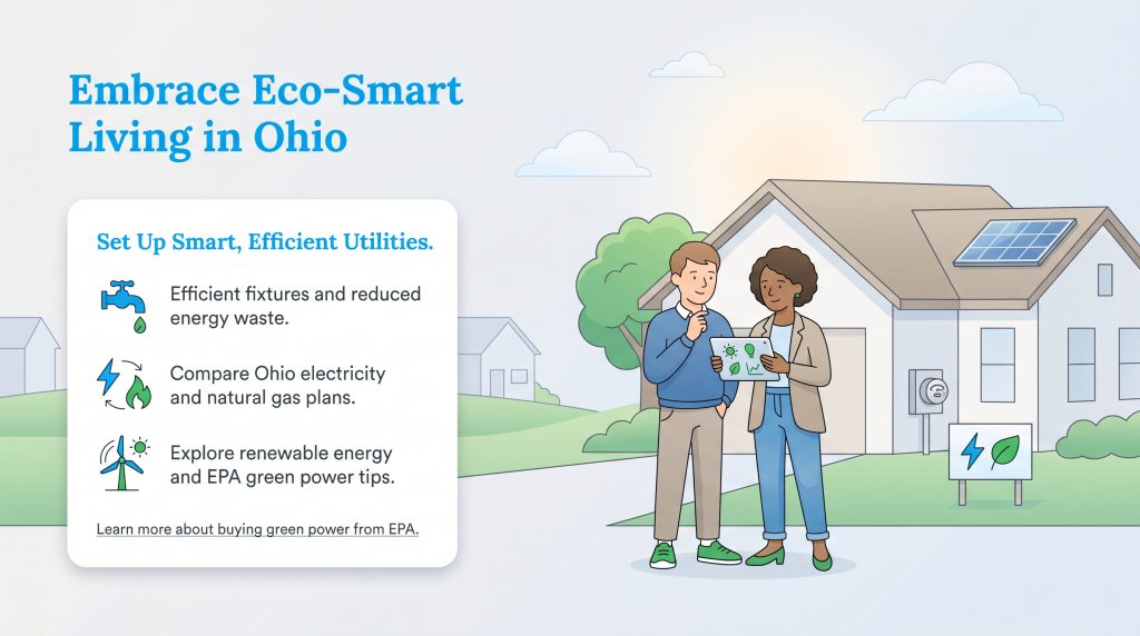 A couple outside their Ohio home with solar panels, reviewing eco-smart utility options on a tablet.