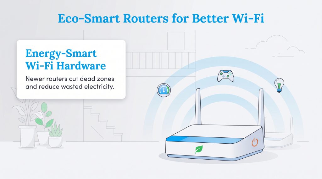 An illustration of an eco-smart router. Text notes they cut dead zones and reduce wasted electricity.