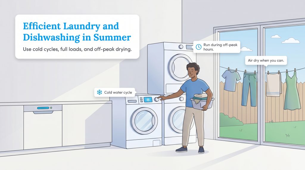 Illustration showing a person using cold water wash and a clothesline to save energy in summer.