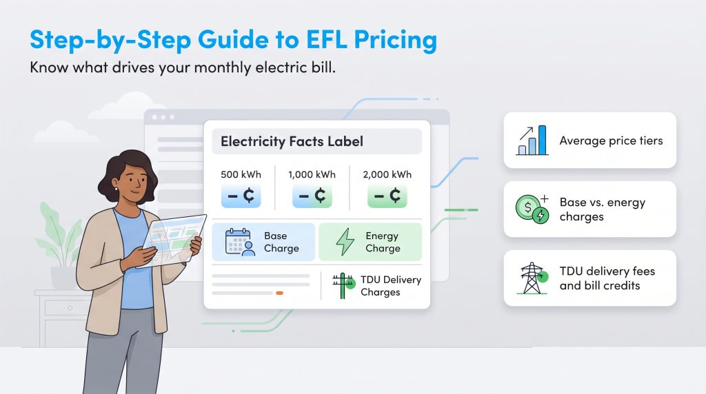 An infographic illustrating key components of an Electricity Facts Label pricing section.