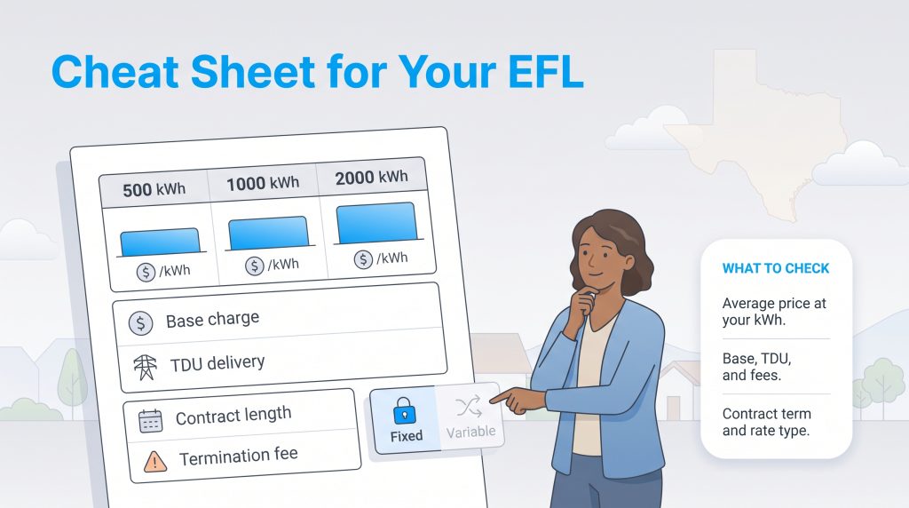 Infographic showing a woman pointing to an EFL cheat sheet, explaining key sections to check.