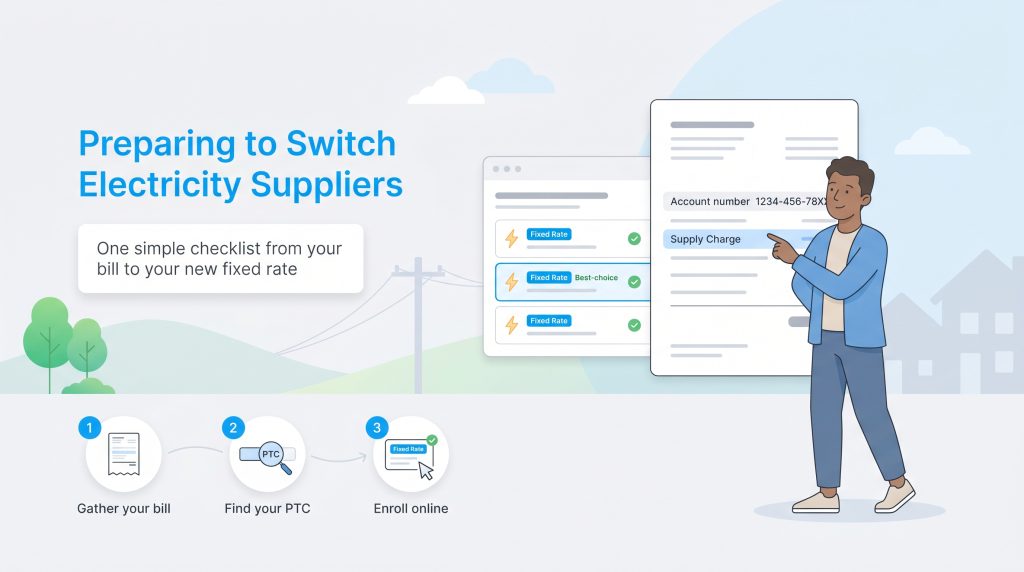 A person compares fixed-rate electricity plans online using their utility bill as a guide.