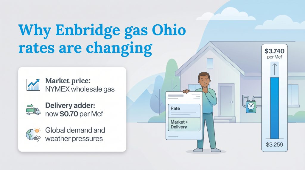 Infographic showing factors causing Enbridge Gas Ohio rates to rise to $3.740 per Mcf.