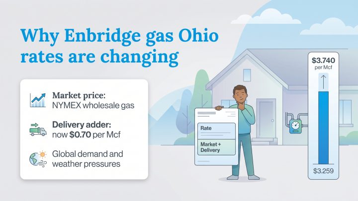Infographic showing factors causing Enbridge Gas Ohio rates to rise to $3.740 per Mcf.