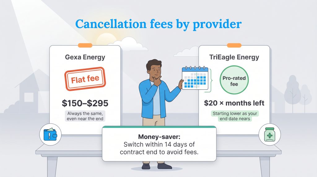 Infographic showing Gexa's flat $150-$295 fee versus TriEagle's pro-rated $20 per month remaining fee.