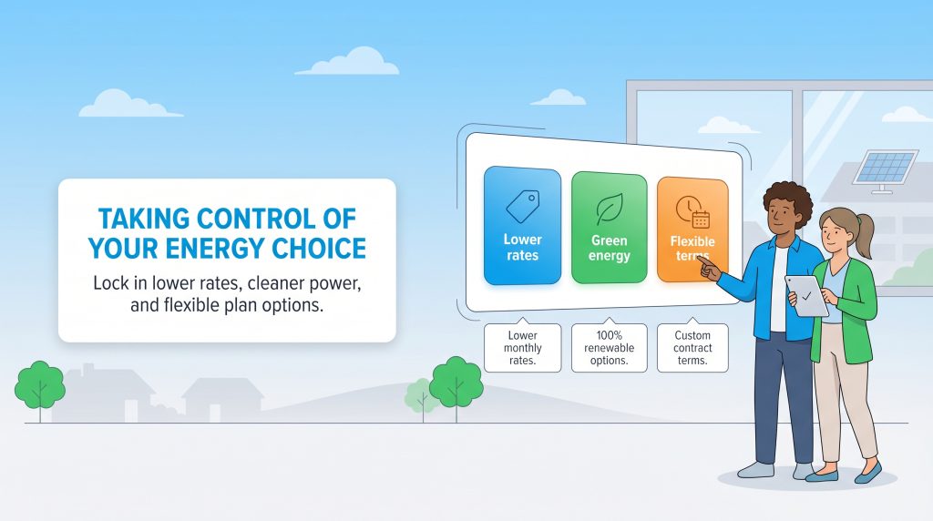 Illustration of people choosing energy plans featuring lower rates, green energy, and flexible terms.