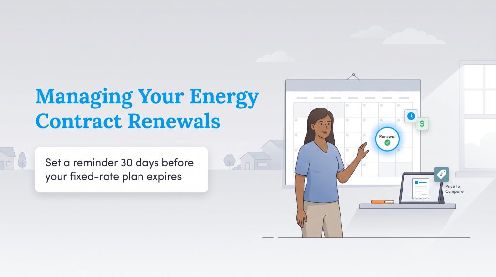 A woman points to a calendar with a renewal reminder, illustrating the advice to set a 30-day alert for energy contract expiration.