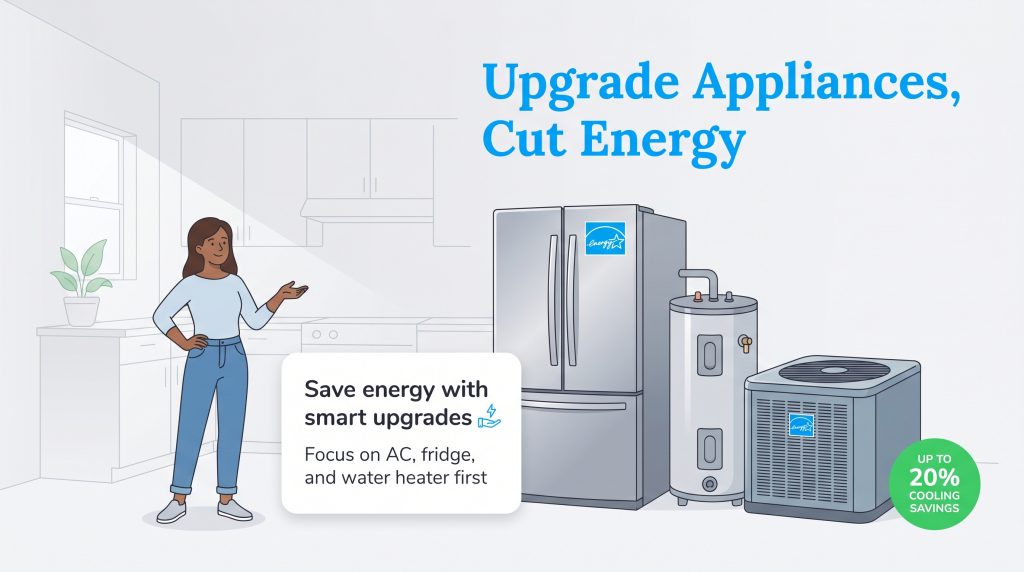 Illustration shows a woman with energy-efficient appliances: a fridge, water heater, and AC unit.