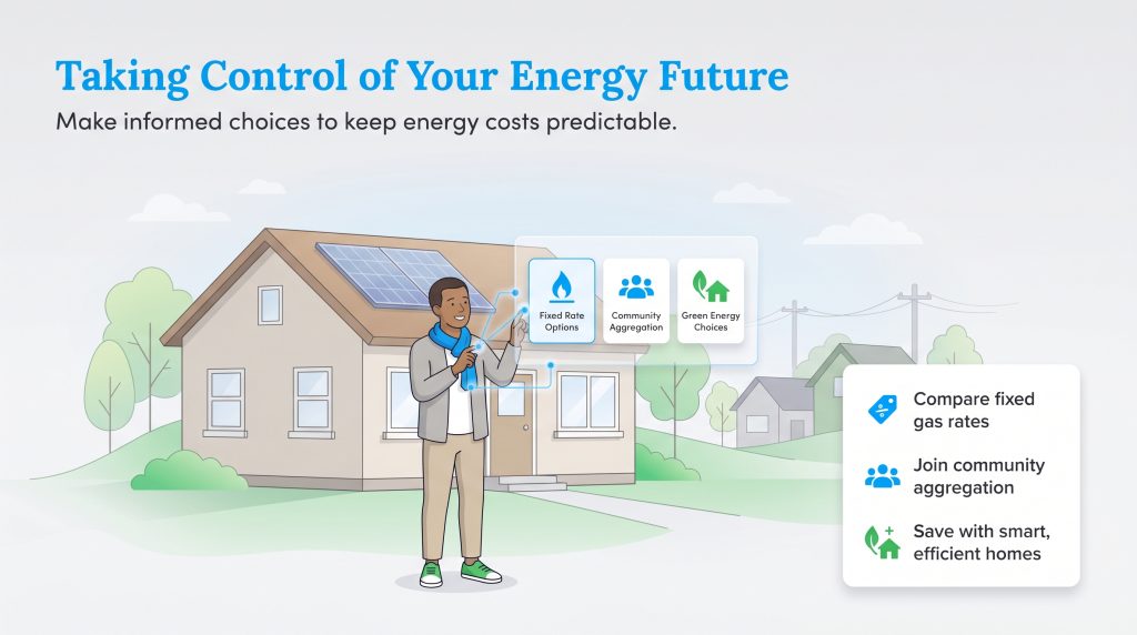 A man selects 'Fixed Rate Options' on a digital interface in front of his house, with other options for Community Aggregation and Green Energy Choices.