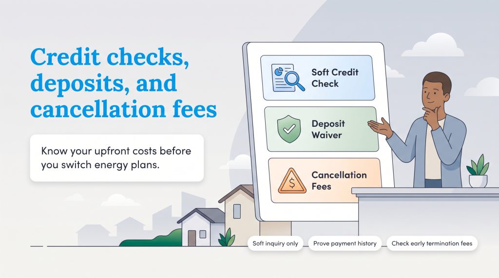 Illustration about energy plan credit checks, deposits, and cancellation fees.