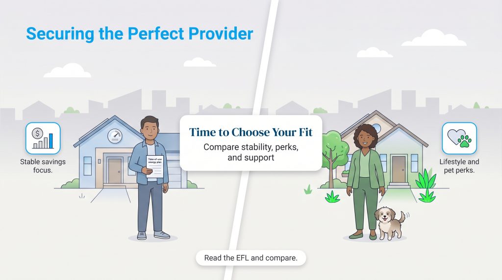 Illustration comparing stable savings energy plans with lifestyle and pet perk plans.